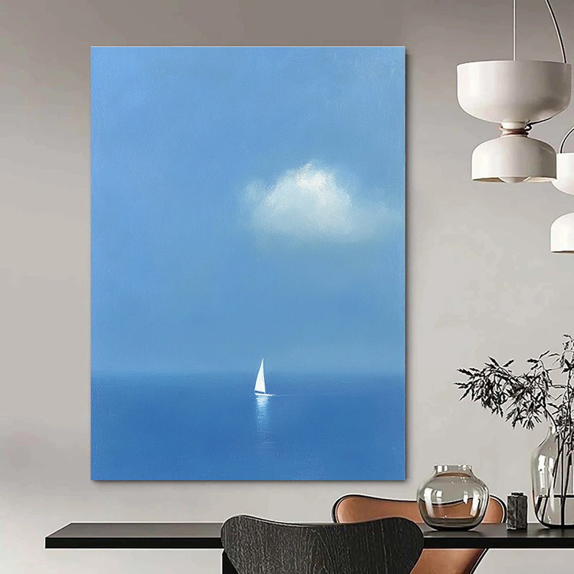 Large abstract painting featuring a white sailboat on the sea in light blue and indigo colors creating a dreamy atmosphere with ethereal clouds.STSC1255