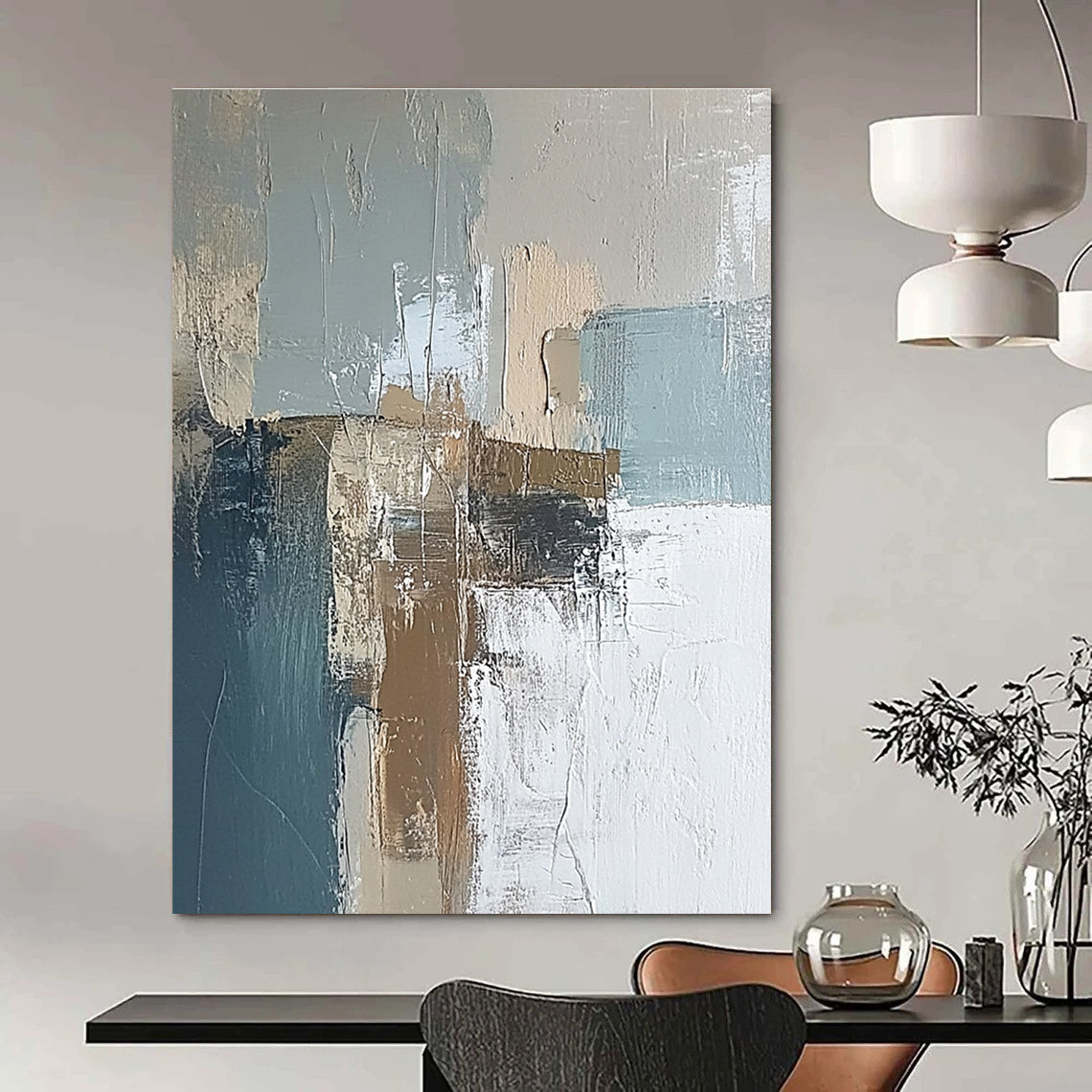 Large abstract painting of an Irish landscape featuring soft muted blues and browns with textured brush strokes for a serene ambiance.STSC650
