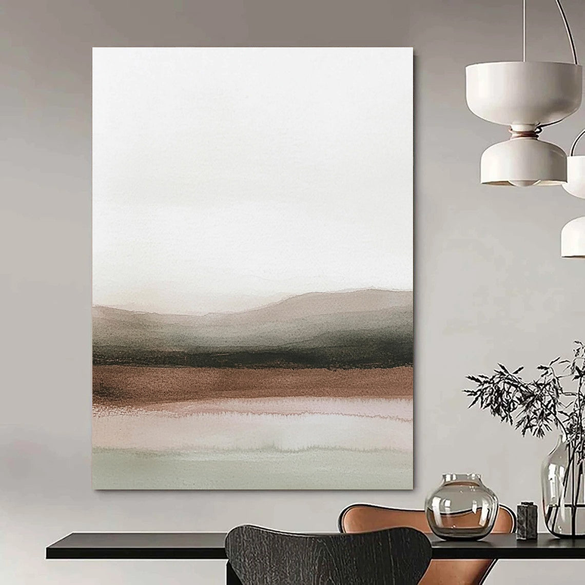 Abstract painting in pastel colors depicting a serene horizon with light gray skies and calm water, and brown desert landscapes blend.STSC1230