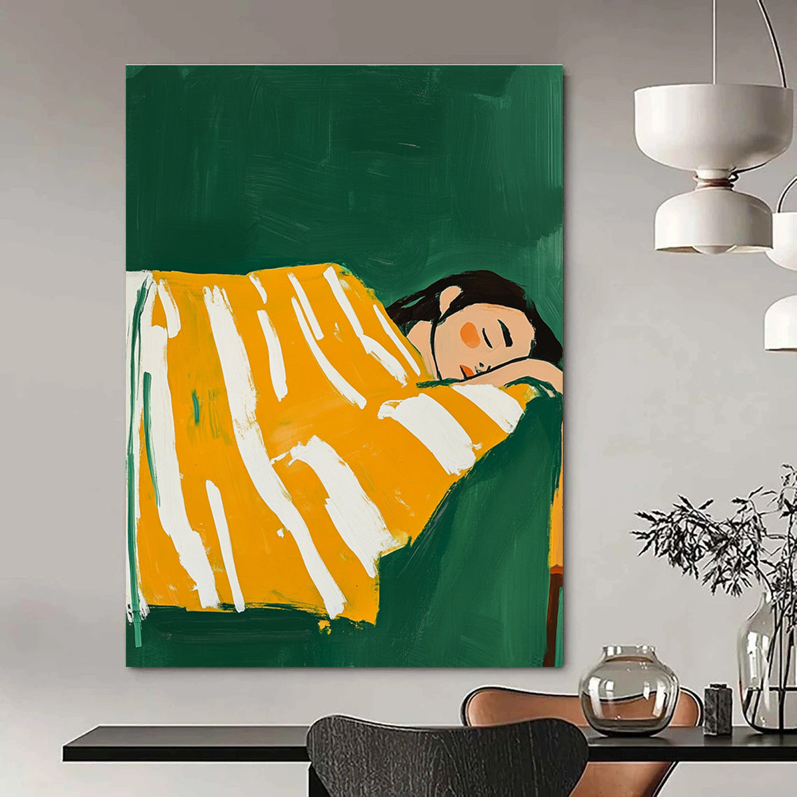 A large abstract painting featuring a woman in a yellow and white striped blanket sleeping on a couch with a vibrant green background.STSC1267