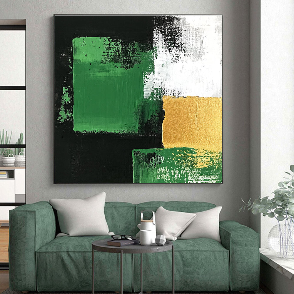 Green Gold and Black Abstract Painting with Bold Geometry GER678