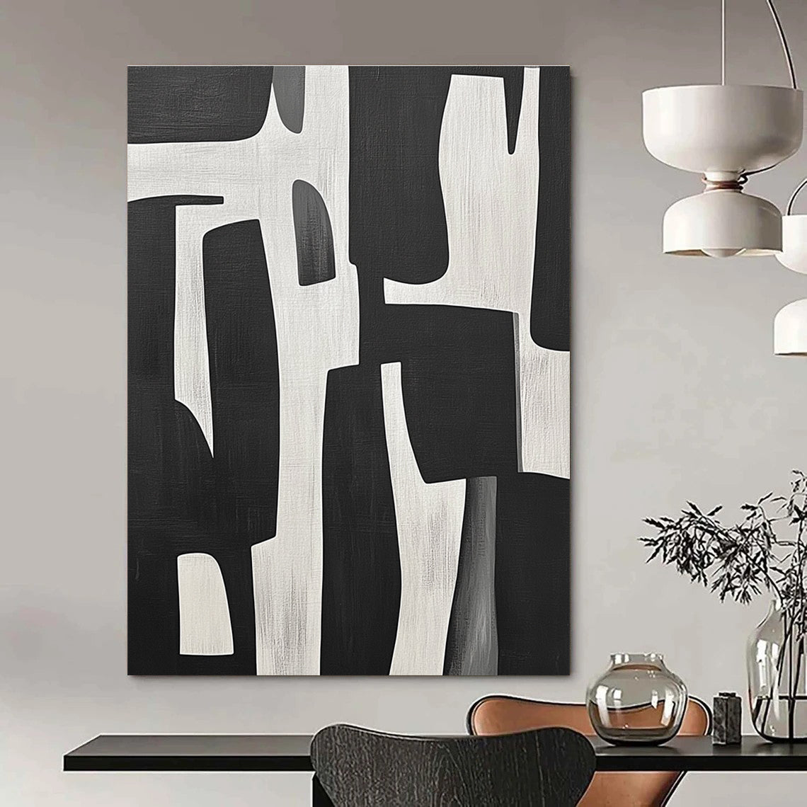 Large abstract painting of black and white shapes inspired by Jean-Paul Gaultier's style showcasing bold contrasts and dynamic forms.STSC328