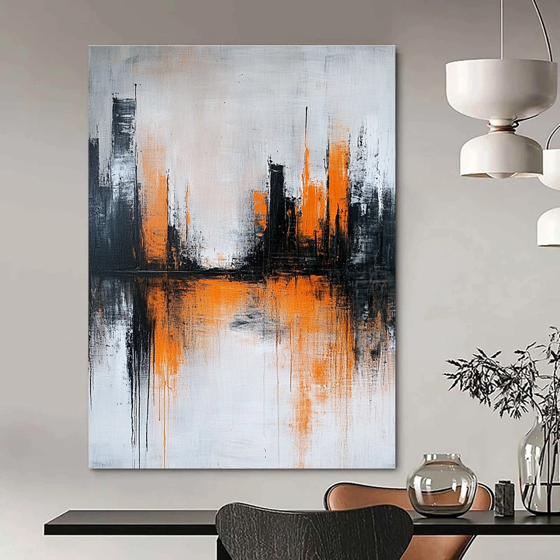 Large abstract painting featuring gray and white background with orange brushstrokes and urban landscape silhouette reflecting on water surface.STSC225