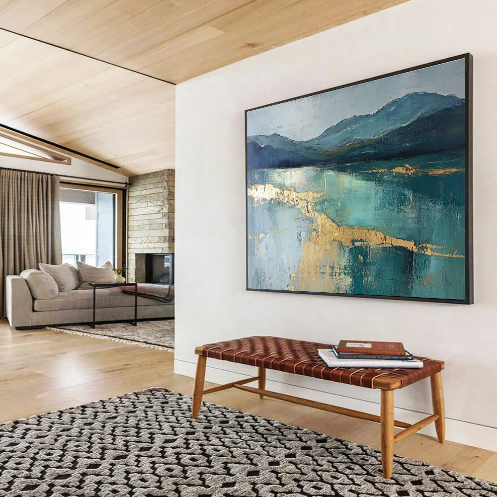Blue Mountain Lake Gold Abstract Painting with Metallic Highlights DYP266