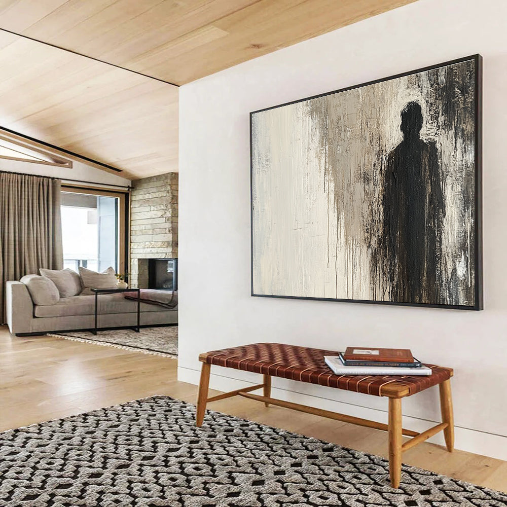 Large abstract grunge painting in neutral tones featuring a mysterious silhouette in a cracked surface evoking curiosity and unease.SC051