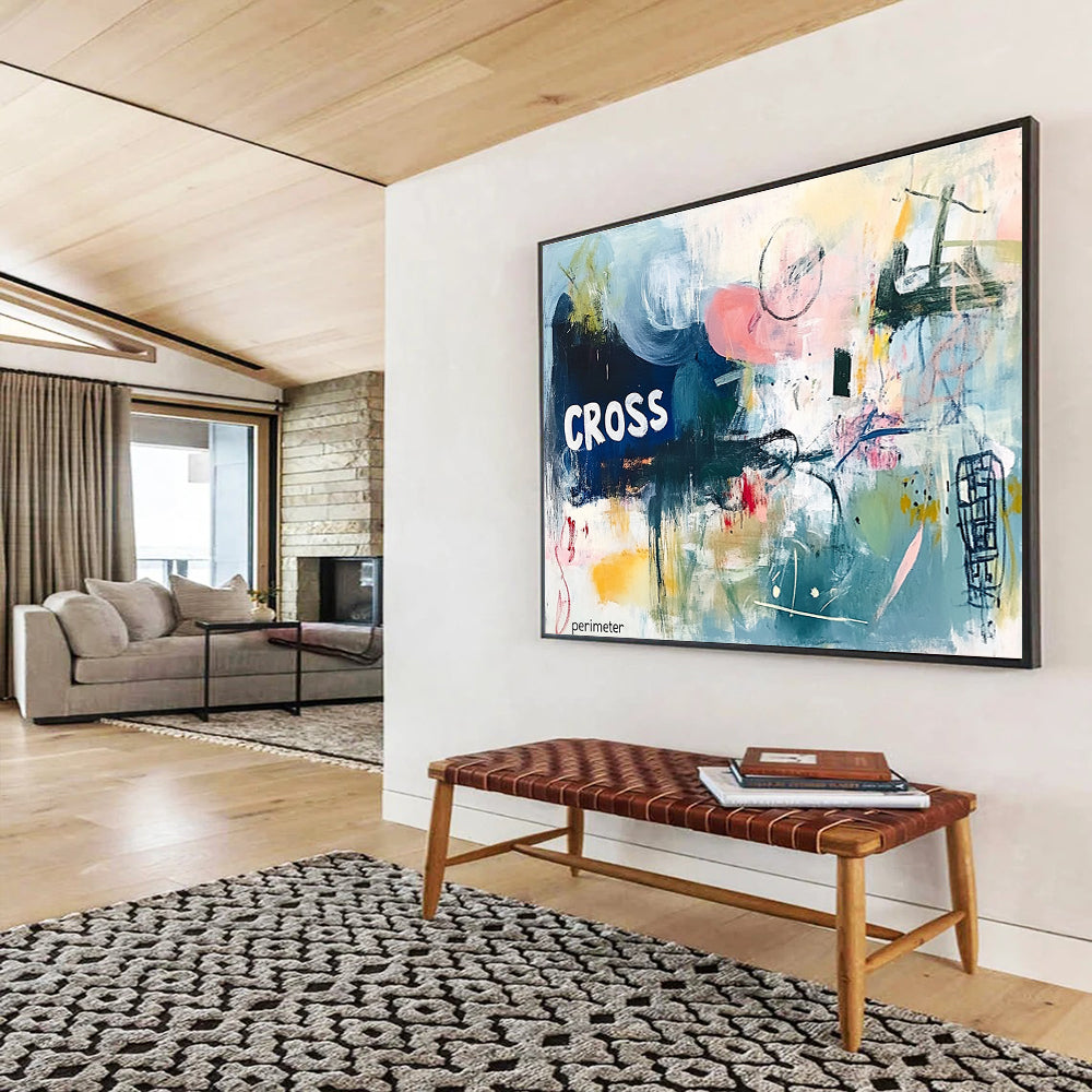 A large abstract painting featuring chaotic harmony in soft pinks blues and greens with textured layers and the text CROSS perimeter.SC307