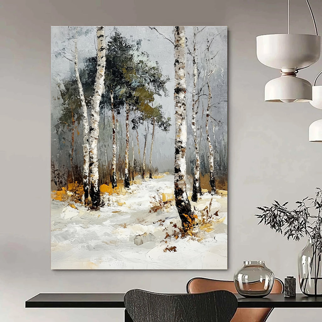Abstract oil painting of a birch forest in winter featuring thick impasto strokes with snow-dusted birches and pines under a grey sky.STSC1382