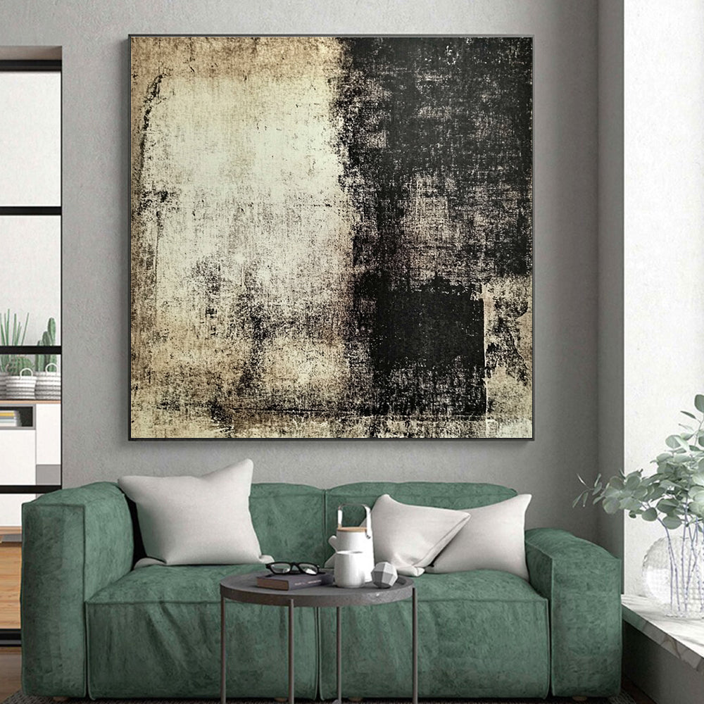 Beige and Black Textured Abstract Painting with Aged Effects GER113