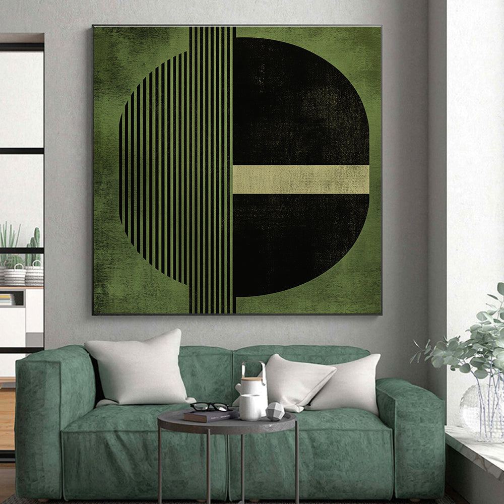 Green Geometric Abstract Painting with Contrasting Elements GER151