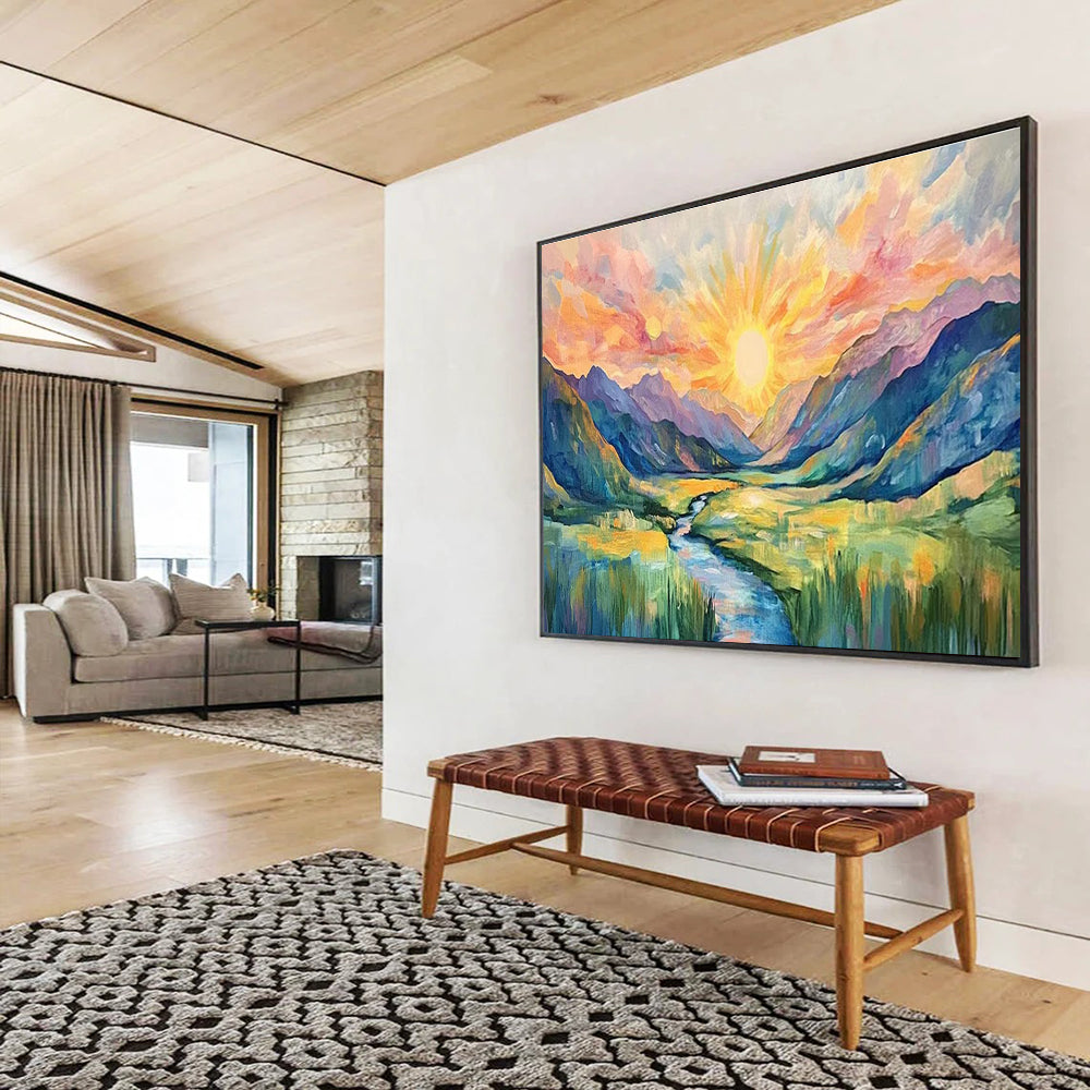 Sunburst Mountain Abstract Painting with Radiant, Expressive Colors THY416