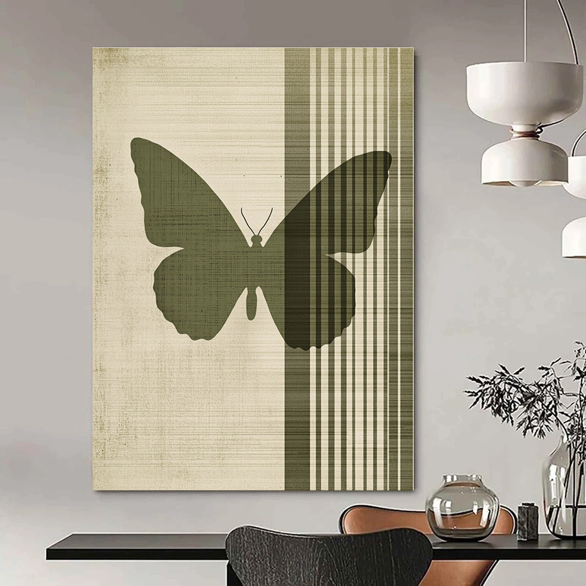 Abstract painting featuring a green butterfly on a beige background with vertical lines and vintage texture in muted colors.STSC1009