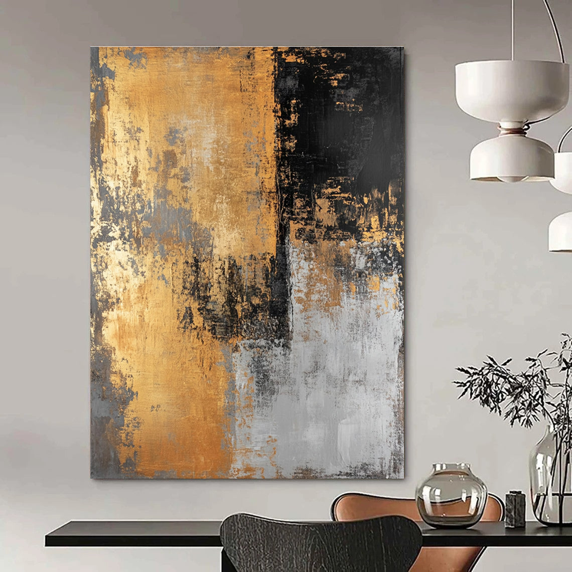 Large abstract painting in golden black and gray hues creates a striking visual impact perfect for modern decor.STSC576