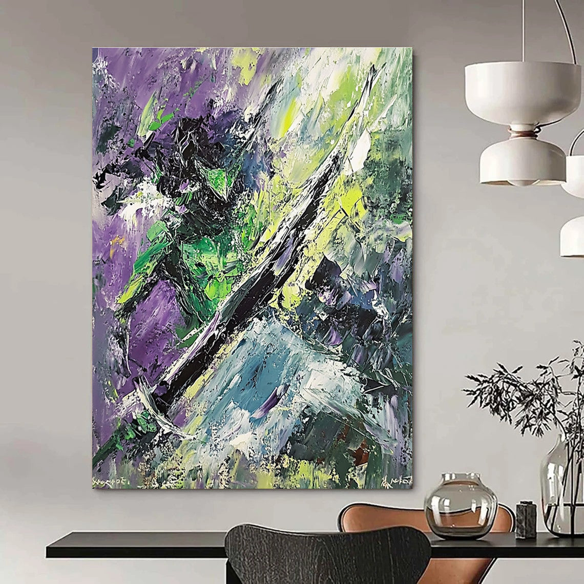 Large abstract painting of the Green Knight dynamic brushstrokes chaotic forms sword in hand surrounded by dark trees and rocks inspired by Expressionism.STSC881