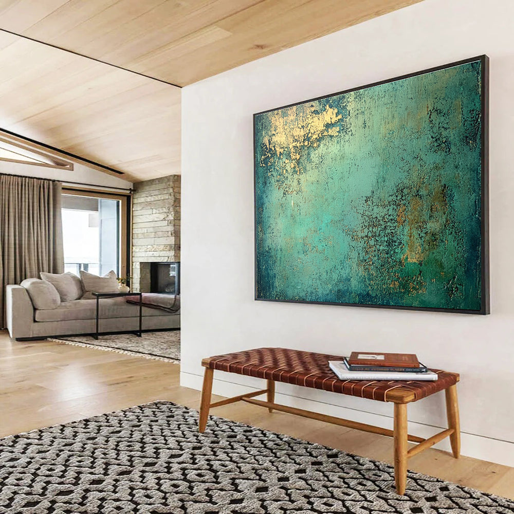 An abstract painting highlighting molten copper with a vibrant patina of green and blue, inspired by the style of Jeremy Mann.SC593