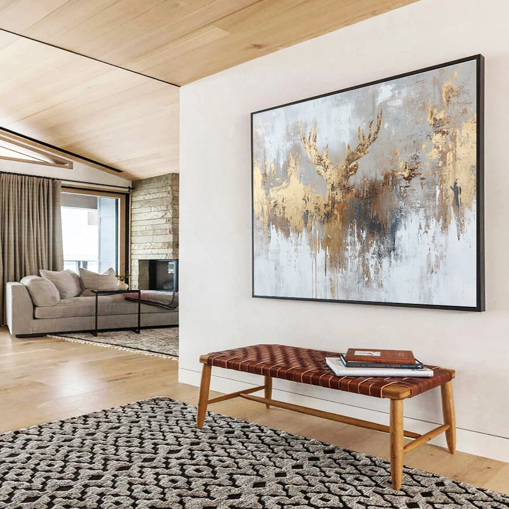 Gold and Gray Abstract Painting with a Golden Deer Silhouette DYP393