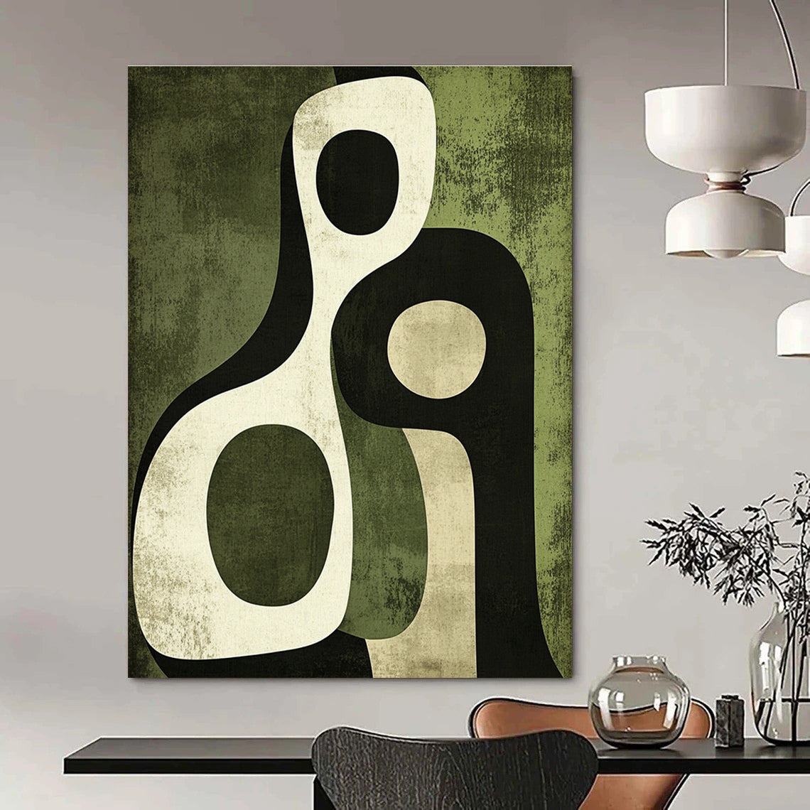 Abstract art piece featuring interlocking arches in olive green and black with soft edges and organic forms in warm and cool tones.STSC476