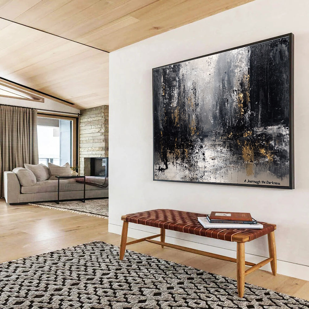 A large abstract painting featuring a grey and black palette with industrial buildings blurred under a gloomy sky and raindrops evoking desolation.SC286