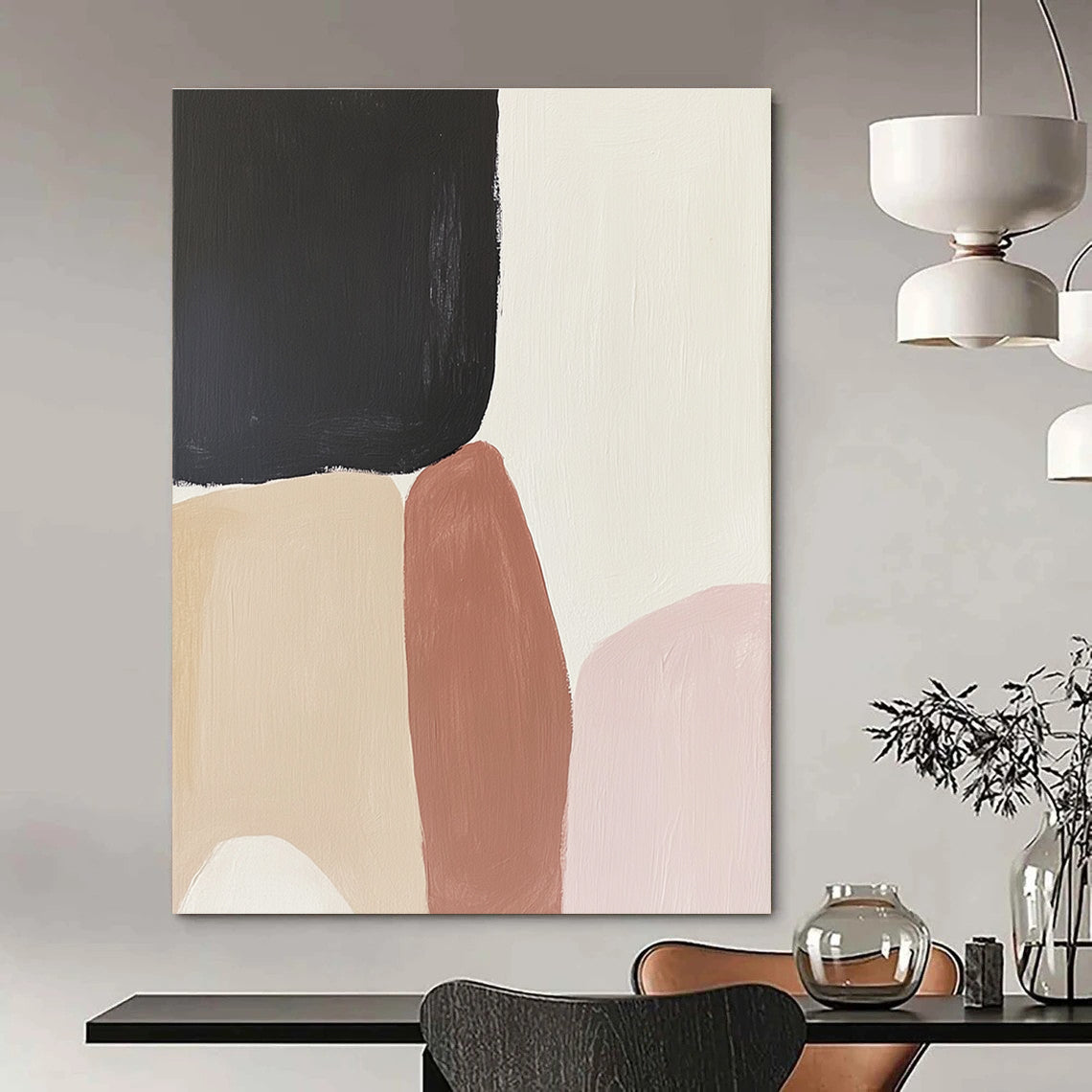 Large abstract painting inspired by Rothko featuring cream beige pink and black hues with earthy tones and organic shapes.STSC480