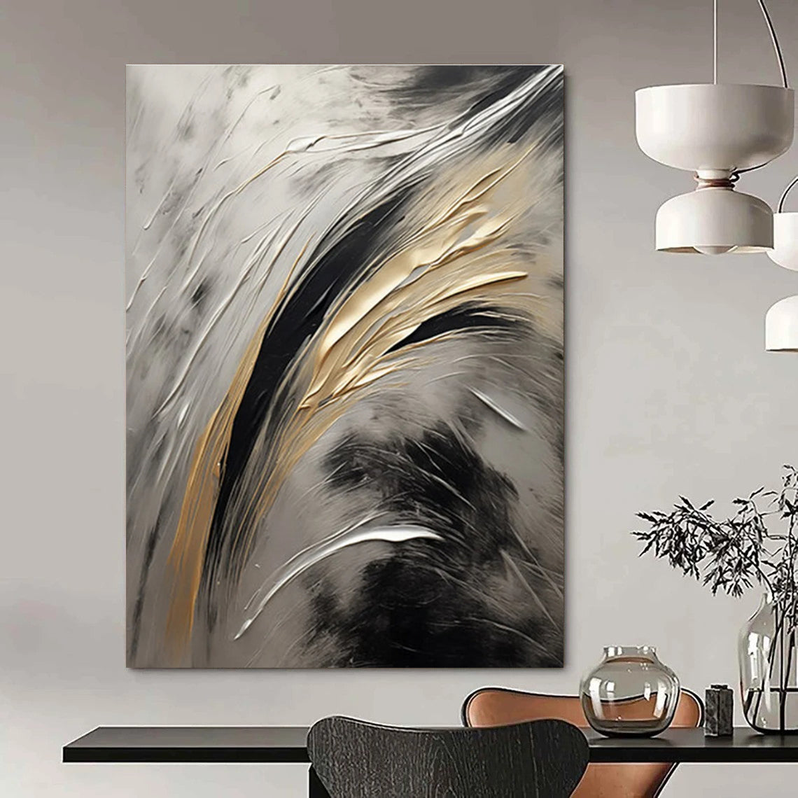 Metallic Textured Abstract Painting with Gold, Silver, and Black ADGE126