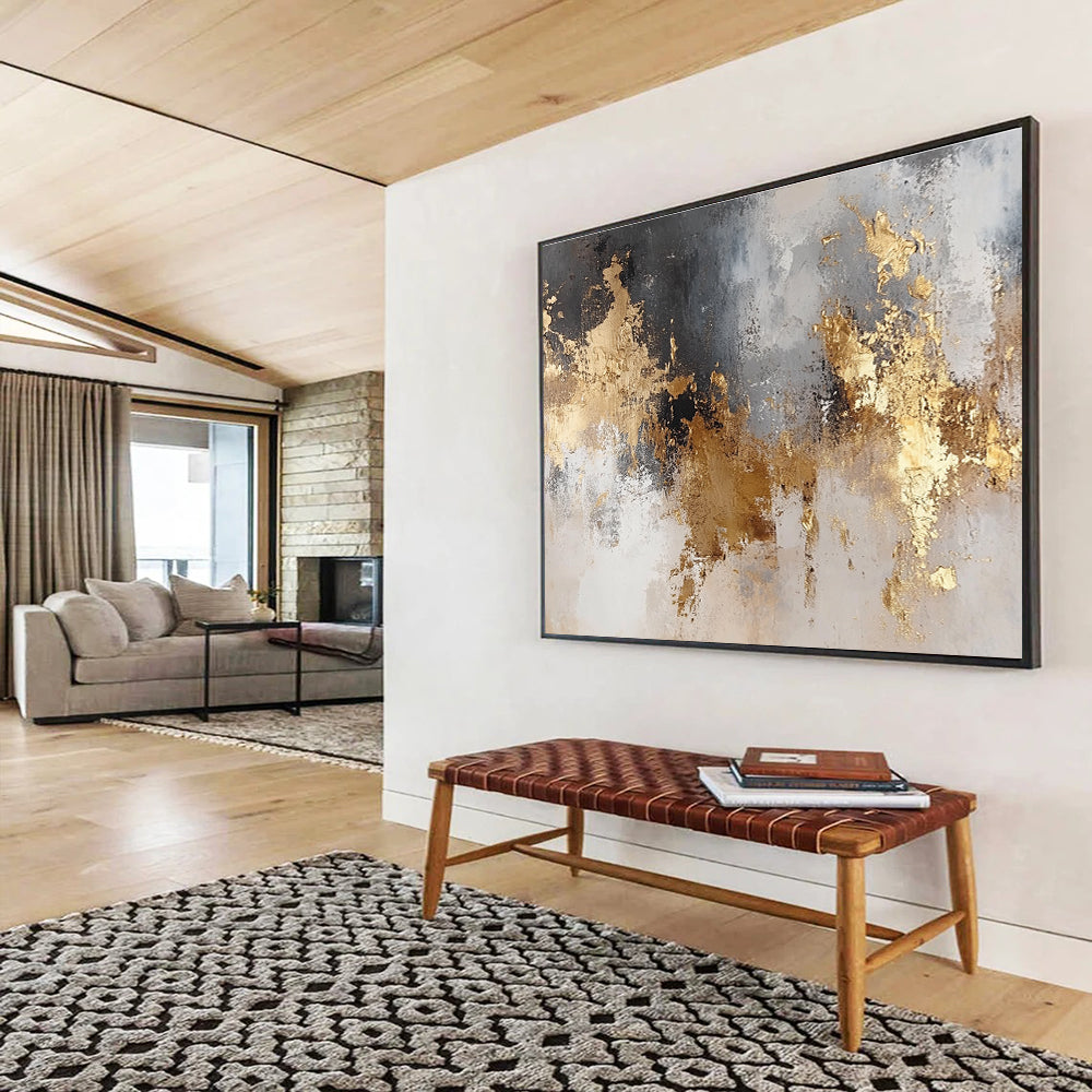 Large abstract art painting featuring gold and silver tones on a neutral background with soft textures and dreamy lighting.SC006
