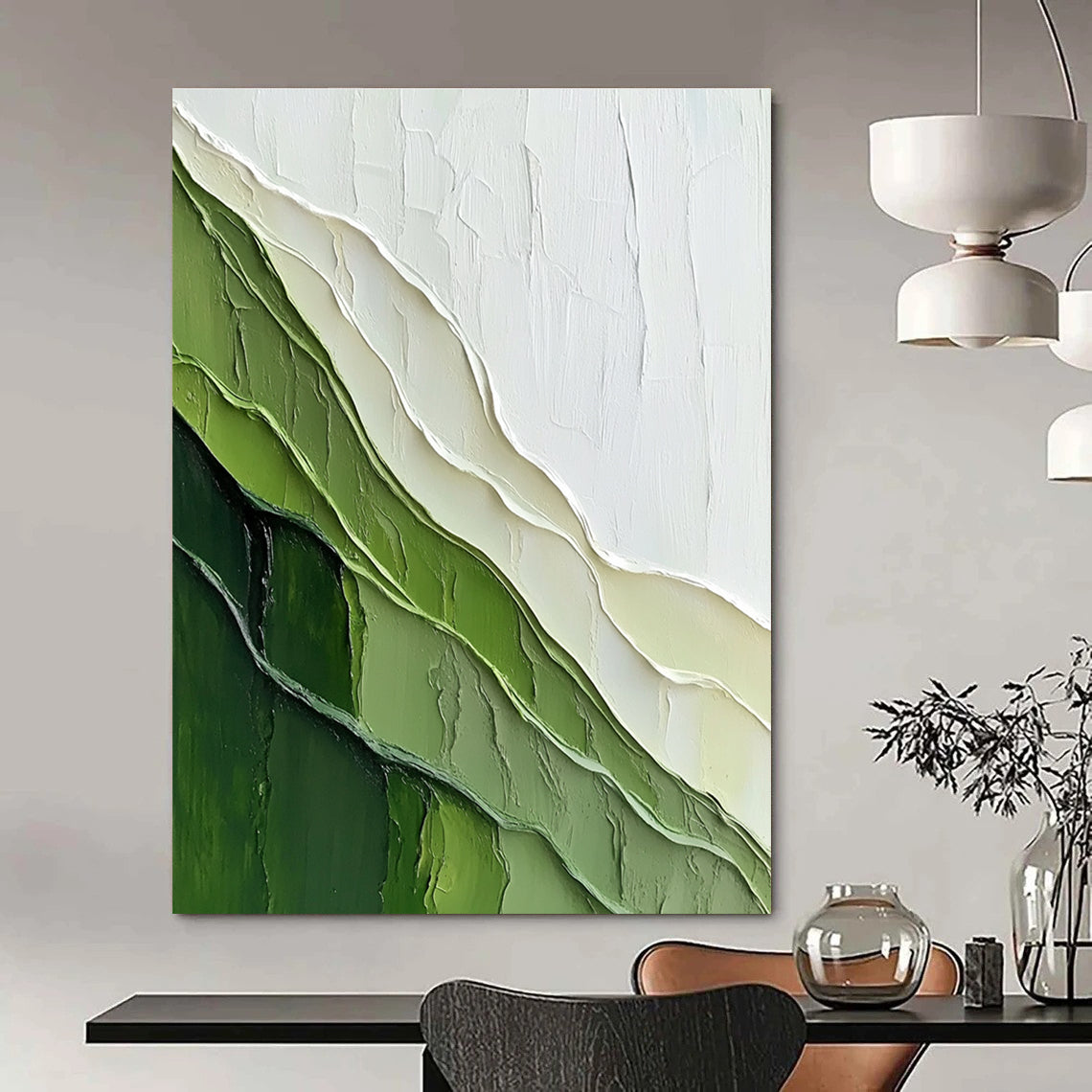 Large abstract painting featuring a textured green mountain against a pale yellow-green background with a sense of depth and layered contours.STSC1120