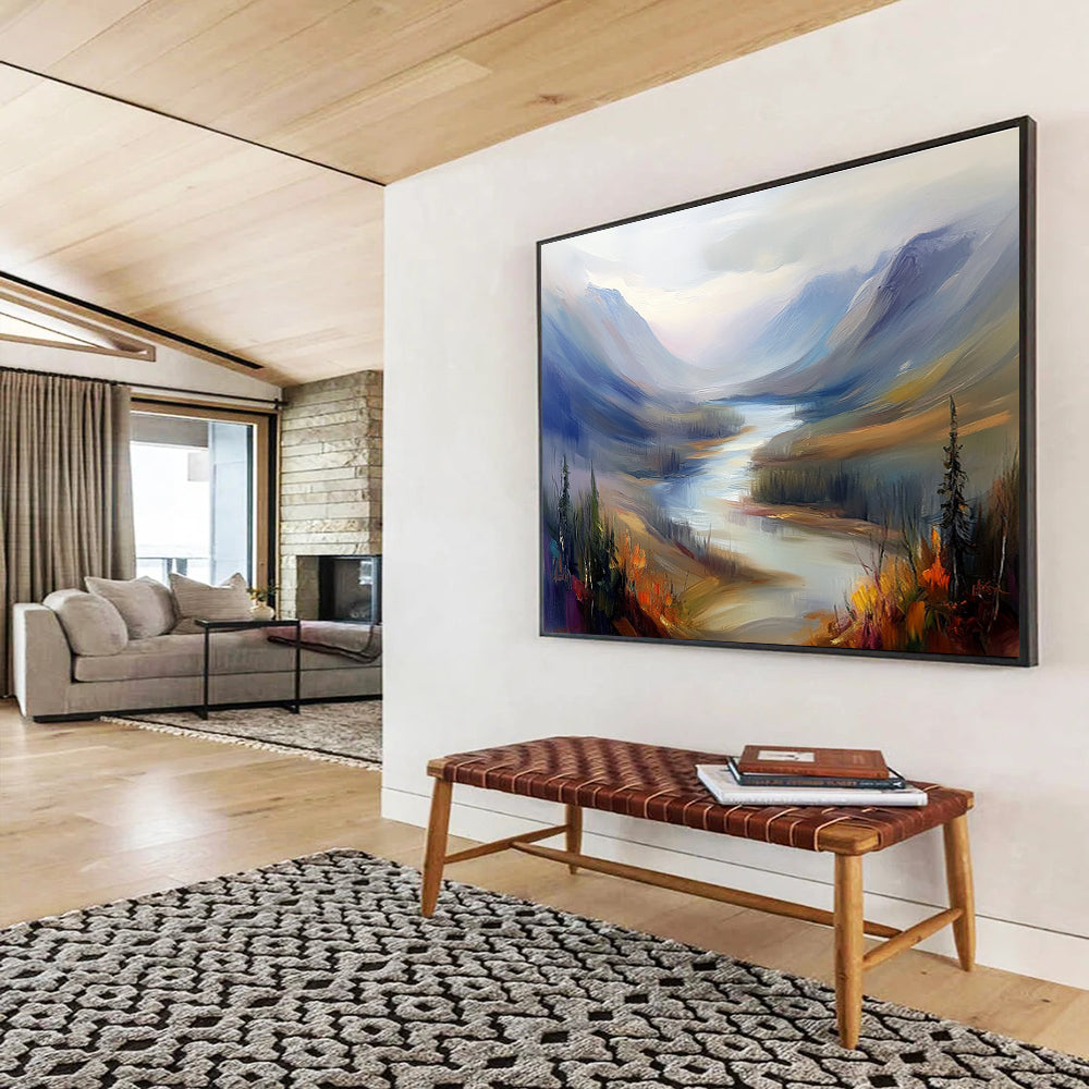 Large abstract painting of a misty Northern Canada river landscape featuring rolling hills and mountains in a warm color palette with soft brush strokes.SC405