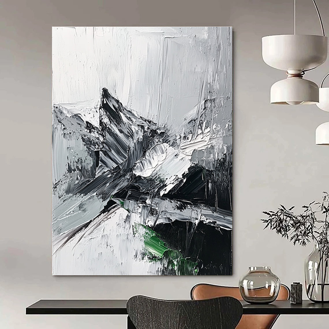 Large abstract painting featuring impasto technique with thick black and white strokes depicting a misty mountain range and a small patch of snow.STSC427