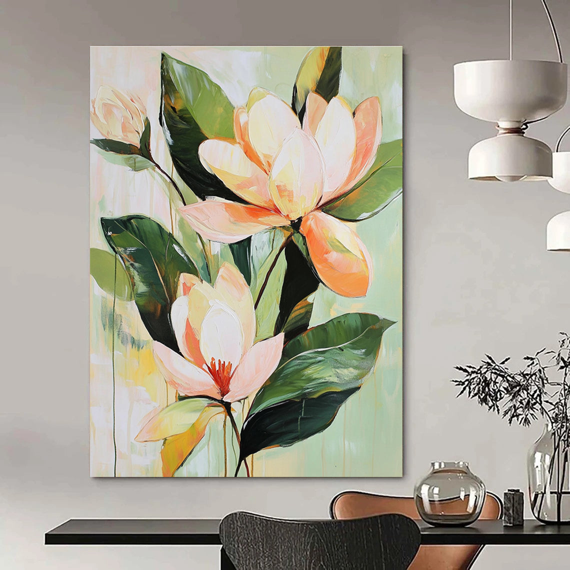 Large abstract painting of tropical flowers and magnolia blossoms in soft tones with a vintage brushstroke style on a pale green background.STSC355