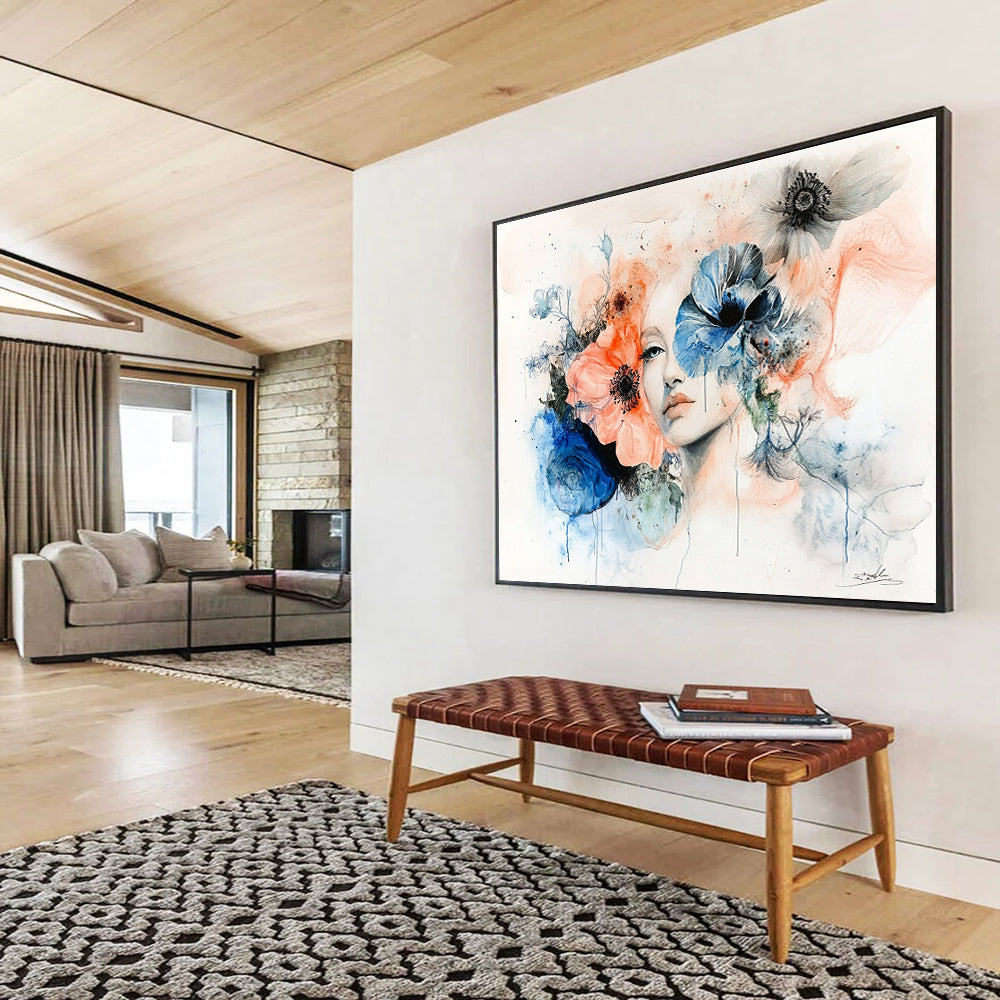 Large abstract painting featuring a woman's face framed by flowers in muted pastels of peach pink blue and grey on a white background.SC566