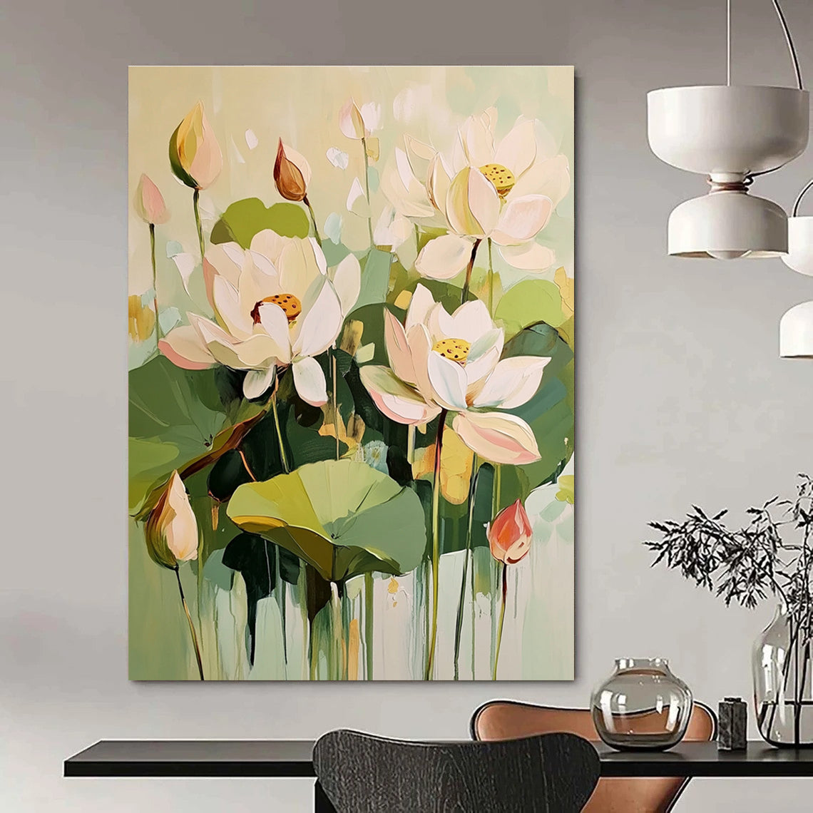 Large abstract painting featuring light green and cream lotus flowers with green leaves and pink buds in an elegant harmonious composition.STSC319