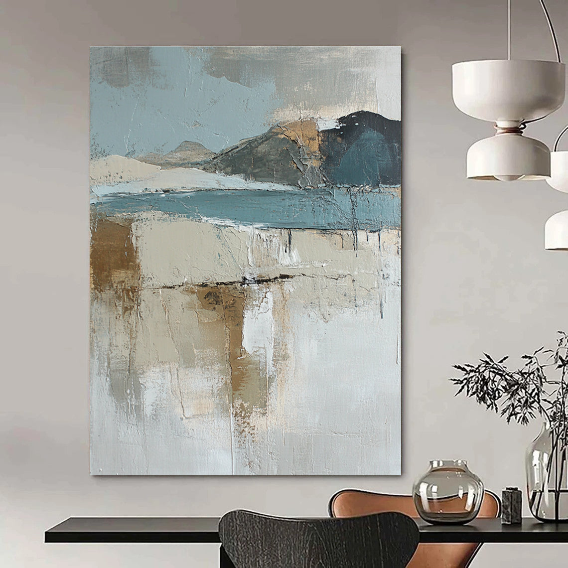 Large abstract oil painting of an Arctic landscape featuring muted earth tones and blue hues enhanced by textured brush strokes.STSC145