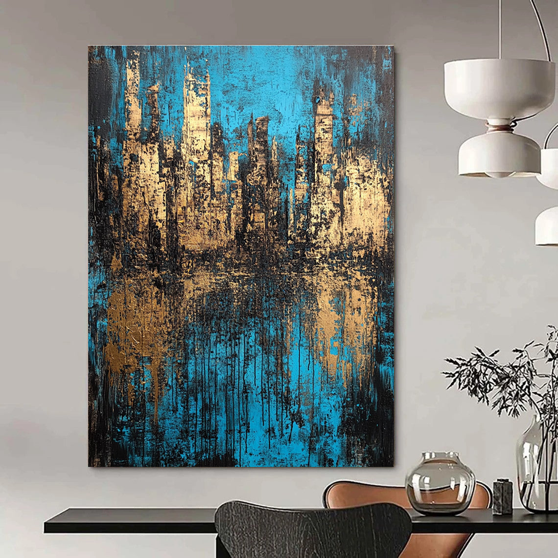Large abstract painting of an underwater city in deep blue and brown tones with a richly textured canvas.STSC152
