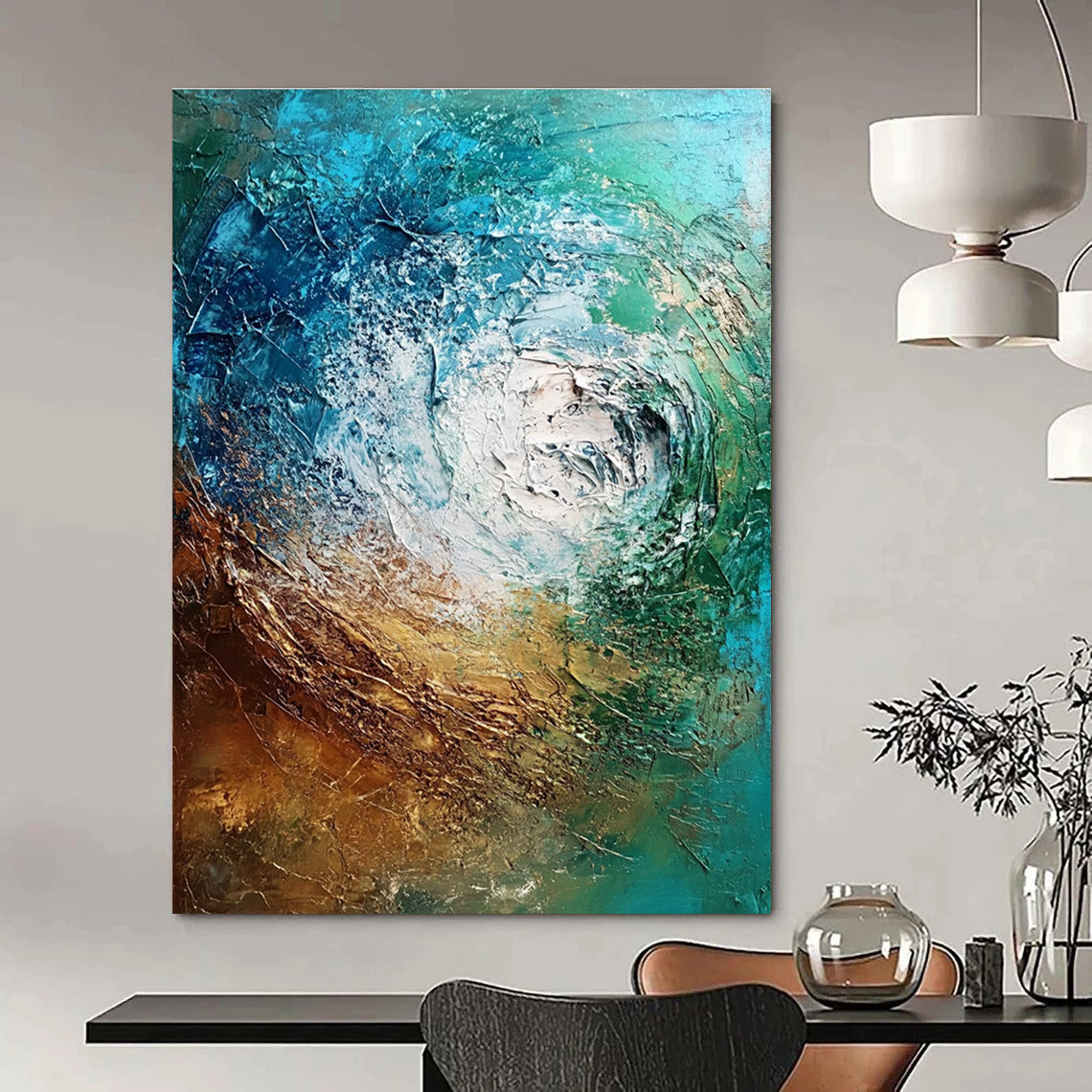 Large abstract painting depicting an underwater scene with textured brush strokes in rich shades of brown blue-green and metallic accents.STSC832