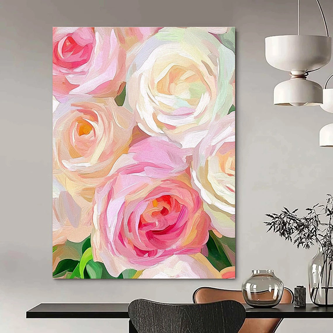 A large abstract painting featuring soft pink and cream roses with loose brushstrokes and a blurred background highlights the flowers' vibrant texture.STSC944