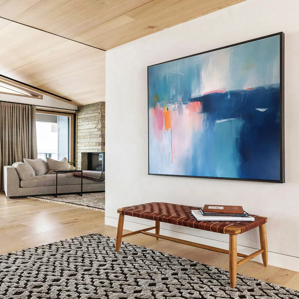 Large abstract painting featuring serene blue and pink tones with blurred edges and distant boats, evoking a minimalist coastal atmosphere.SC063