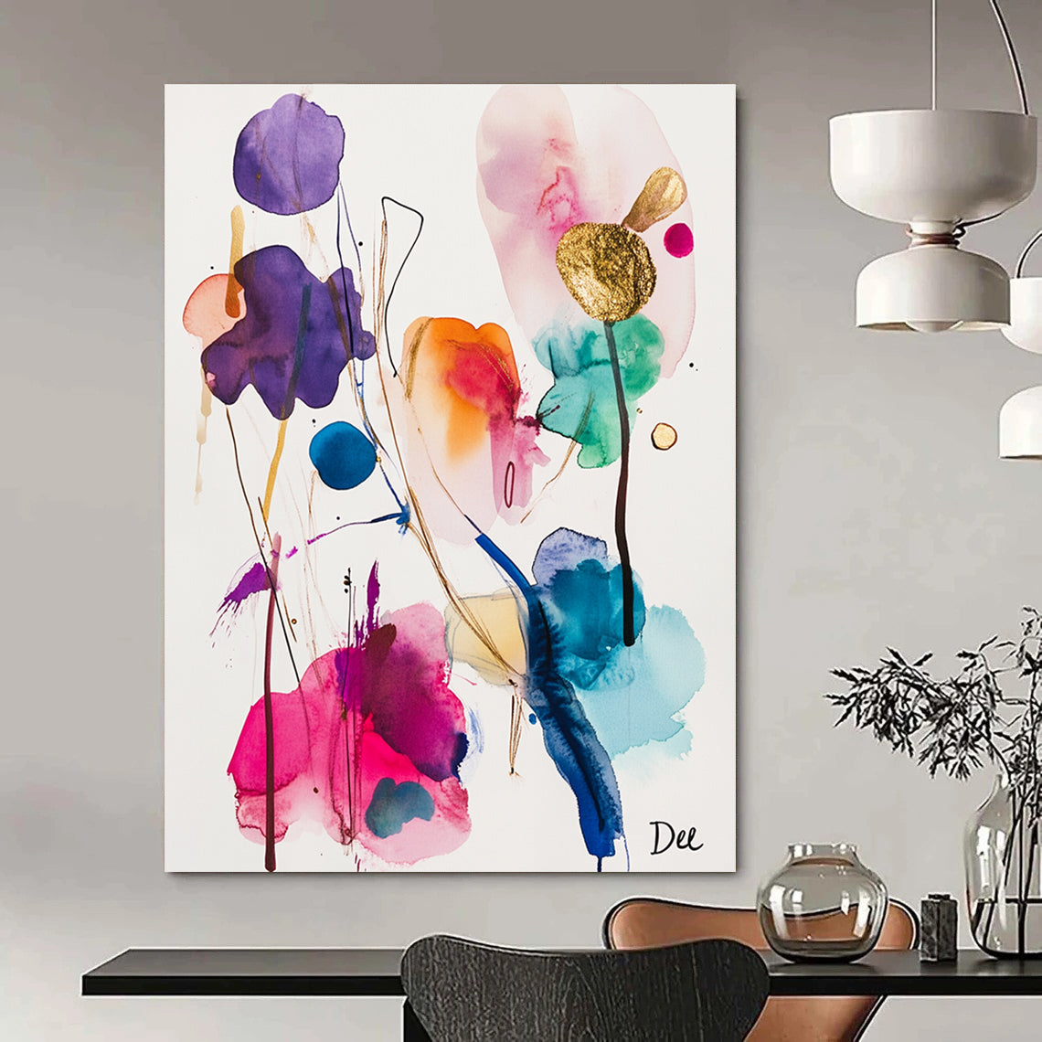 Large abstract watercolor and ink painting featuring colorful shapes and gold foil accents on a white background inspired by the style of artist Dee.STSC839