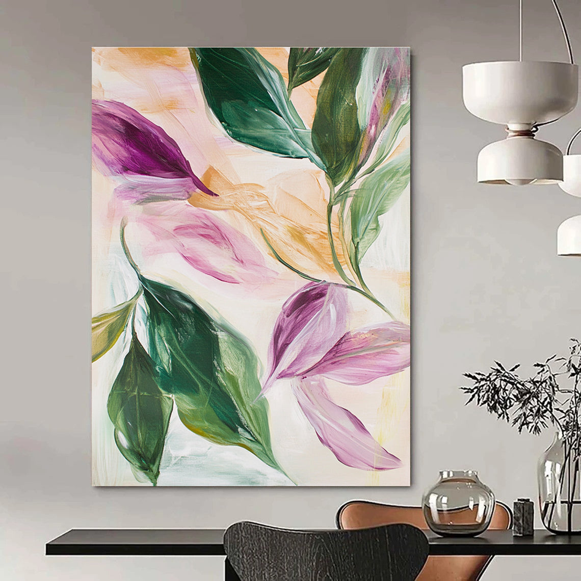 Abstract oil painting featuring leaves and flowers in pink green white beige and light gold with hints of purple and peach colors.STSC595