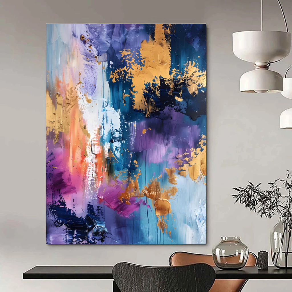 Purple Blue and Gold Abstract Painting with Splashes ADGE282