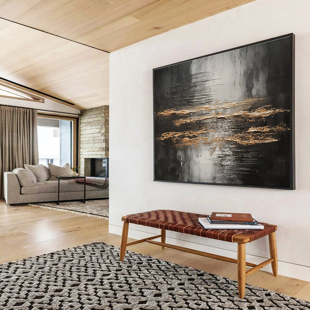 Black and Gold Abstract Painting with Textured Patterns THY318