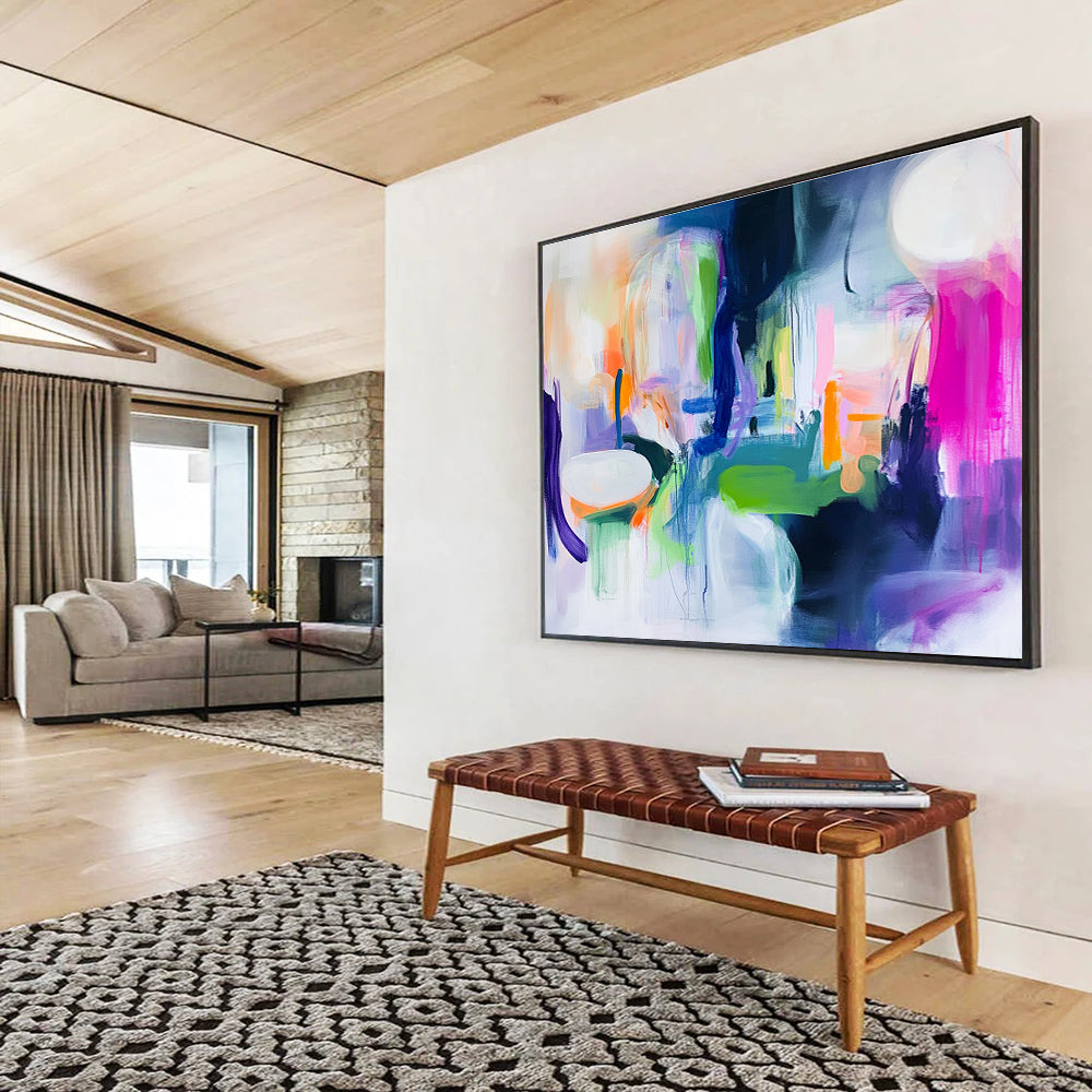 A large abstract painting featuring bright neon colors, thick brush strokes and loose shapes in white, green, purple, blue, pink, orange, and yellow.SC373