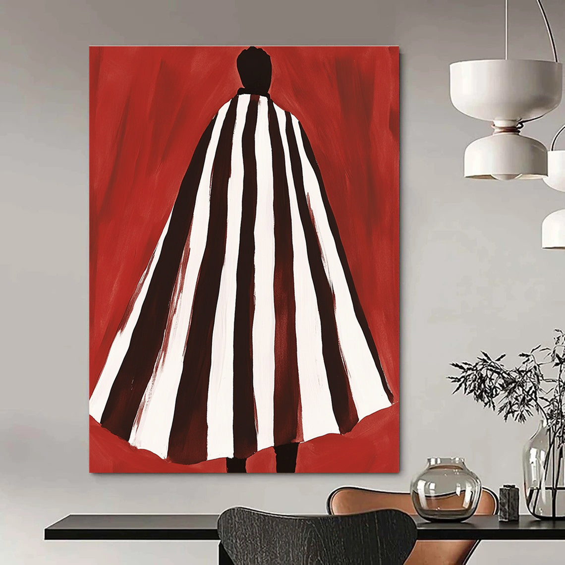 Abstract artwork featuring a brown and white striped cape inspired by Matisse and Bunt on a vibrant red background.STSC932