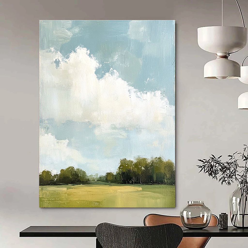 Large abstract painting depicting distant clouds and lush greenery with soft hues and thick brush strokes.STSC874