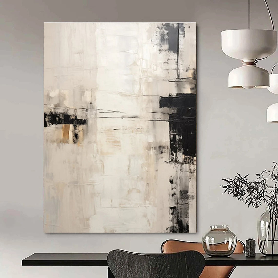 Monochromatic Minimalist Abstract Painting with Black and Beige ADGE131