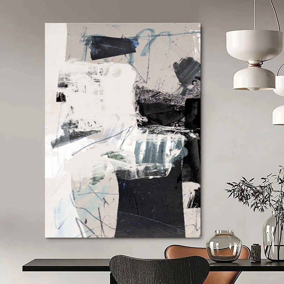 Mixed - media Abstract with Neutral and Blue Tones Painting ADGE194