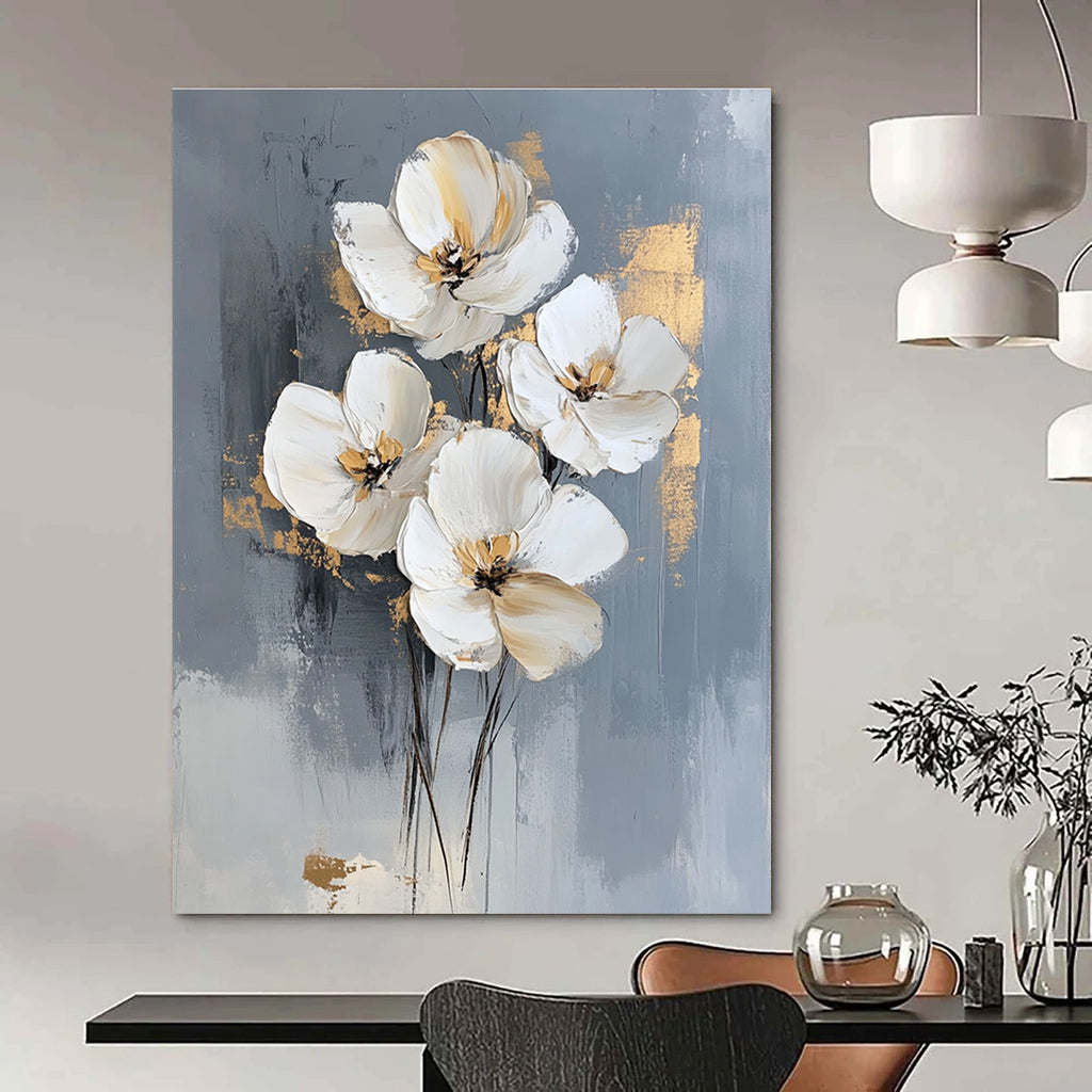 Large abstract oil painting featuring white flowers on a gray background with elegant gold accents for a stunning modern decor statement.STSC511