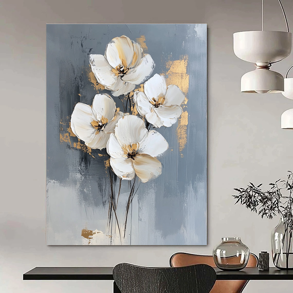 Large abstract oil painting featuring white flowers on a gray background with elegant gold accents for a stunning modern decor statement.STSC511