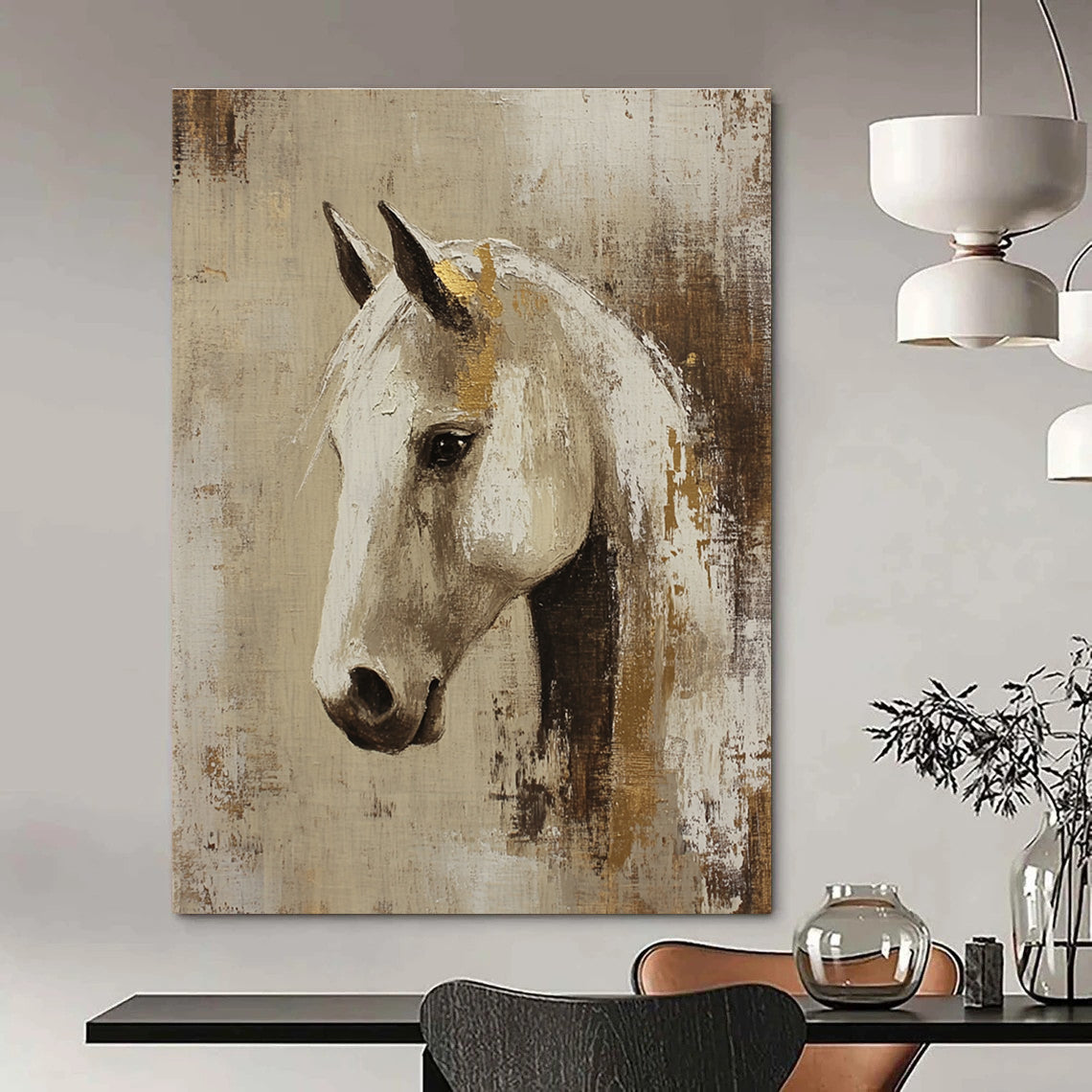 Abstract oil painting featuring an Arabian horse head in beige and white with gold accents set against a rustic neutral background.STSC143