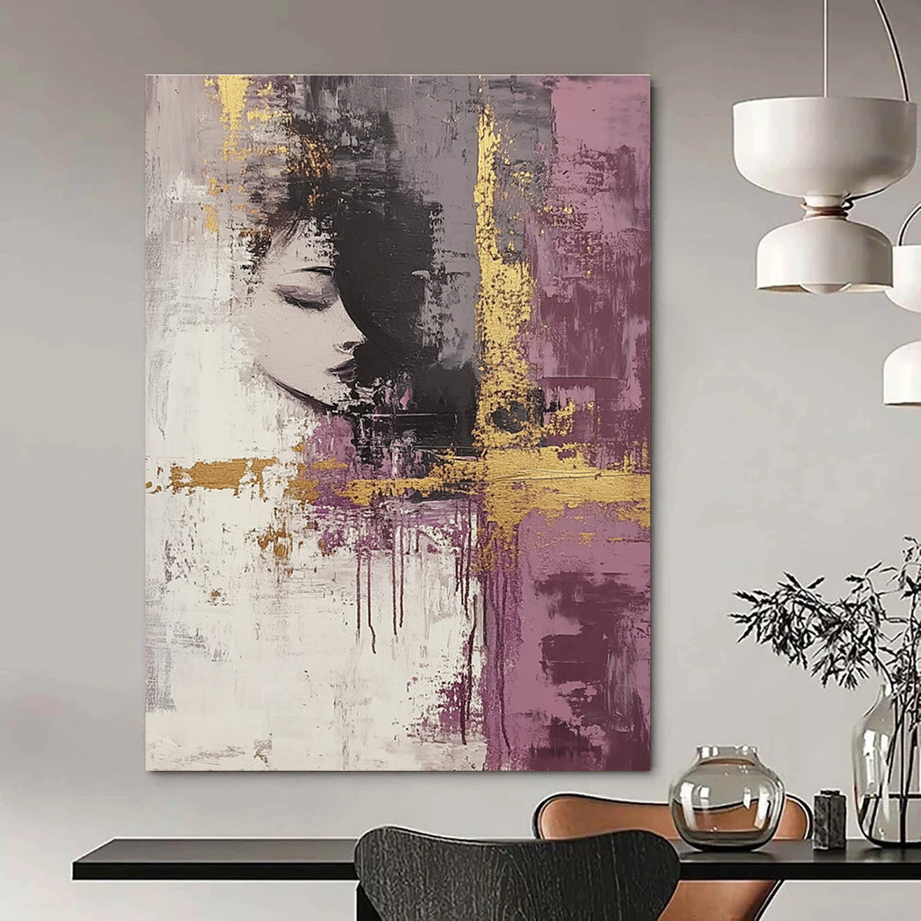 Large abstract art painting featuring dark gray and mauve tones accented with gold and neutral hues to enhance any modern space.STSC009