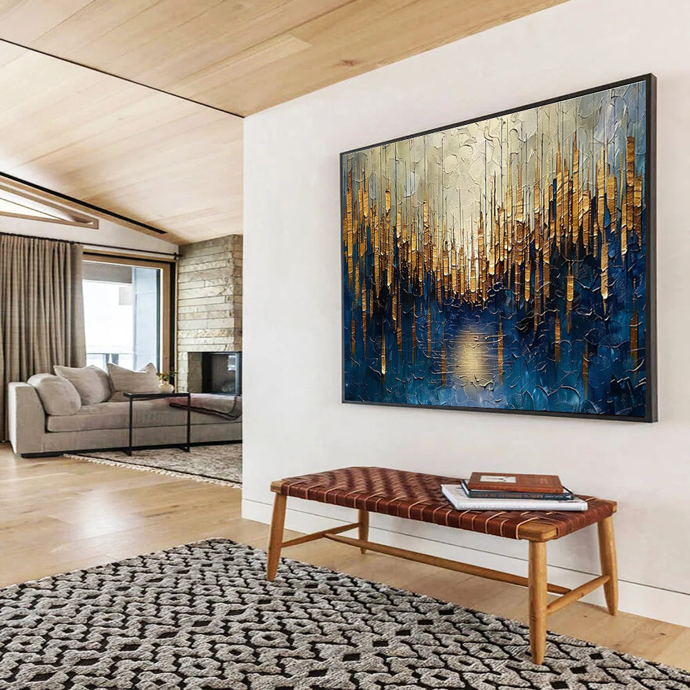 Golden Forest Abstract Painting with Blue and Gold Tones THY157