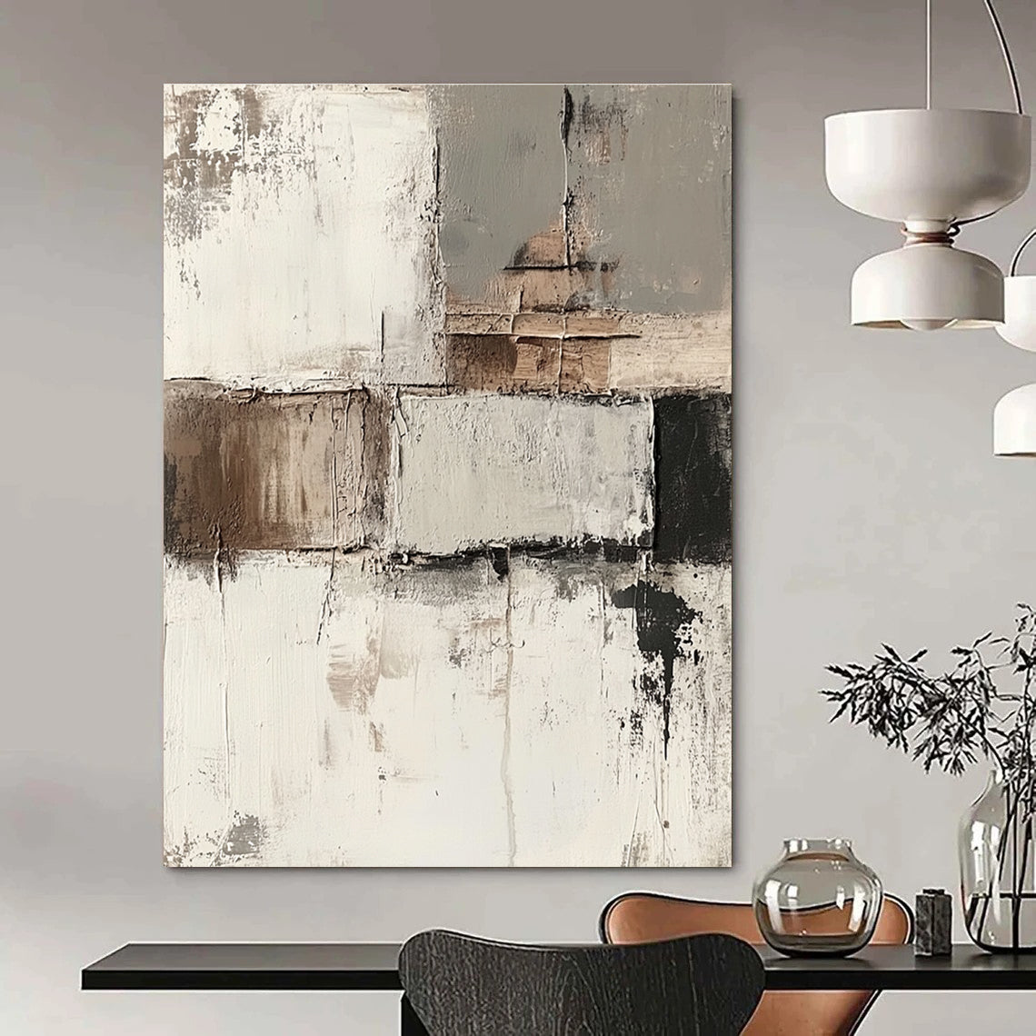 Abstract painting featuring impasto techniques with muted neutral tones and faded architectural elements on a soft grunge background.STSC424